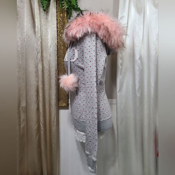 ♡ Y2K ♡ Aeropostale Heart Hoodie Baby Pink Fur Hood & Pompoms - Picture 7 of 12